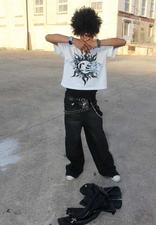 Black Flaming Sun Oversized Crop T☀️🏴‍☠️