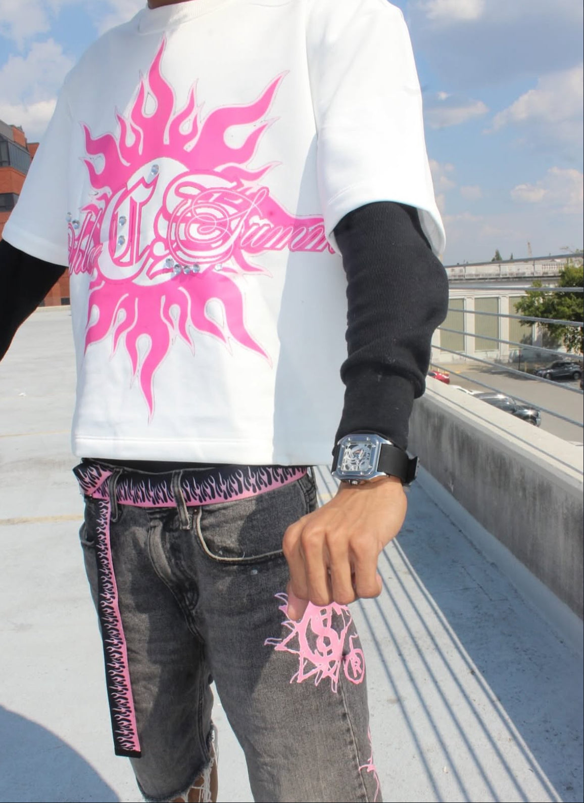 Pink Flaming Sun Oversized Crop T☀️🌸🦇